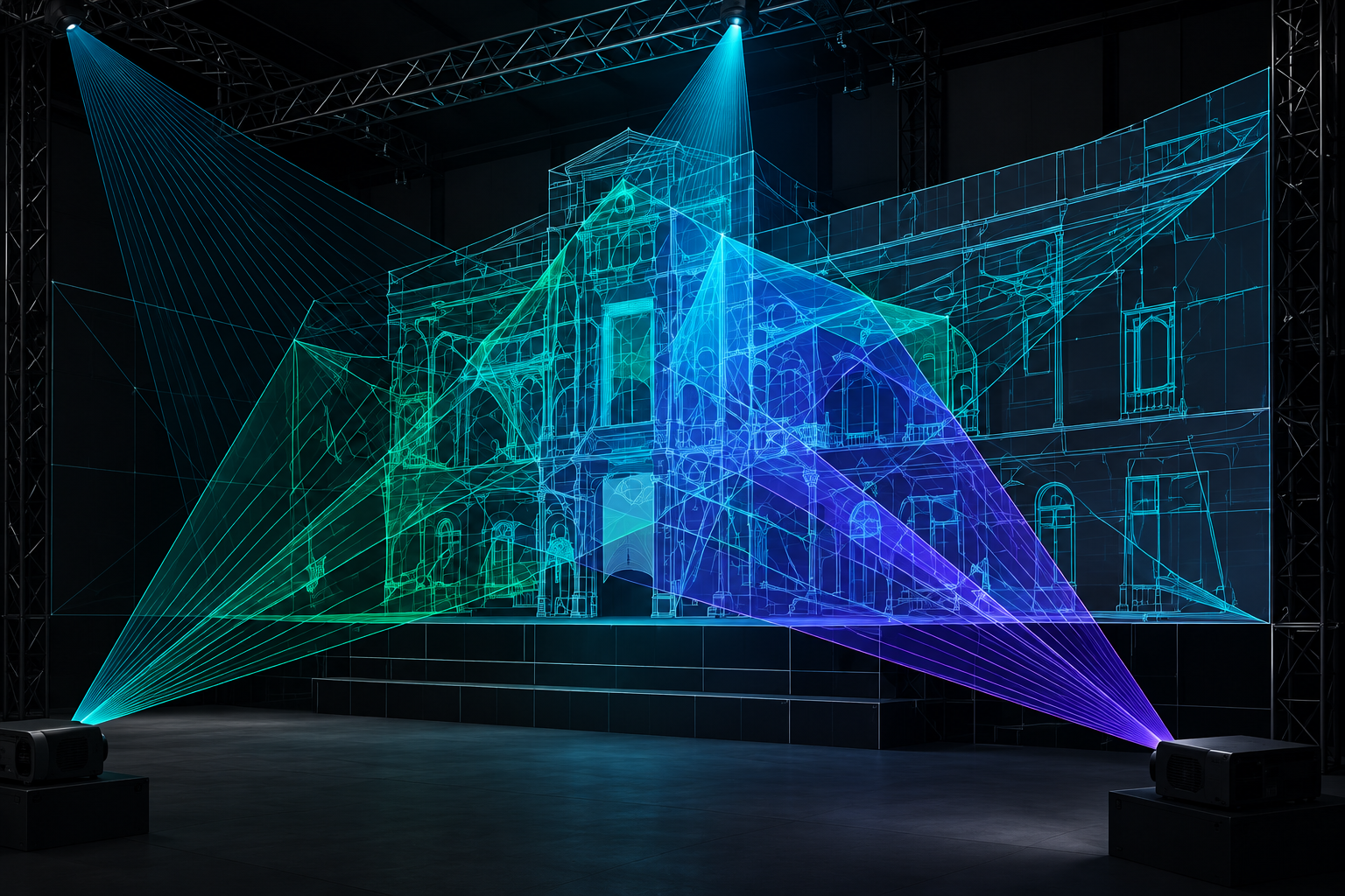 Conceptual Throxel architectural projection visualization with crisp cyan wireframe geometry and colored projection beams