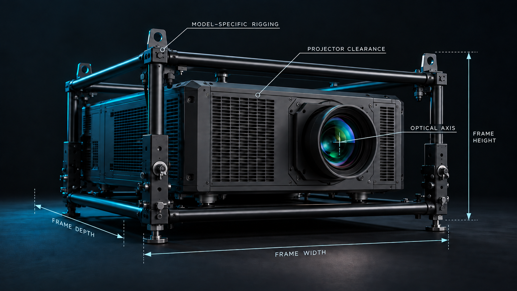 Conceptual projector and rigging frame with annotations for frame width, height and depth, projector clearance and optical axis
