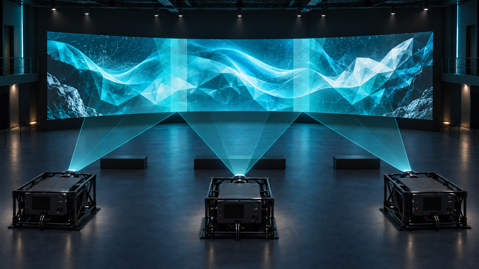 Conceptual Throxel visualization of three projectors illuminating a curved panoramic screen in an audiovisual venue